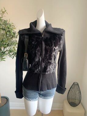 NWT Cache Black Faux Fur Sequin Zip Sweater Jacket L